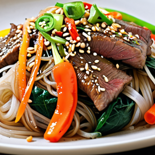 Home 4 A vibrant and colorful plate of Japchae, featuring glistening glass noodles, julienned vegetables (carrots, onions, spinach, bell peppers), thinly sliced beef, and garnished with sesame seeds and chopped green onions. Focus on the textures and the visual appeal of the dish.