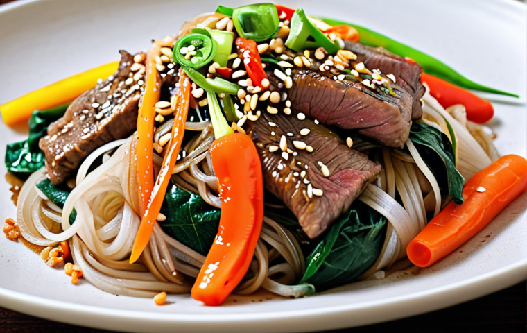A vibrant and colorful plate of Japchae, featuring glistening glass noodles, julienned vegetables (carrots, onions, spinach, bell peppers), thinly sliced beef, and garnished with sesame seeds and chopped green onions. Focus on the textures and the visual appeal of the dish.