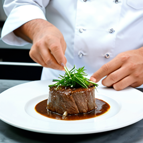 Home 6 **Prompt 1: Modern Filipino Culinary Artistry**
A professional male chef in a clean, modest chef's uniform, carefully plating an exquisite dish of modern Filipino cuisine. The dish is a refined version of slow-cooked beef Adobo with a creamy coconut sauce, artfully presented on a minimalist white plate, garnished with fresh herbs. The setting is a brightly lit, state-of-the-art professional kitchen with sleek stainless steel counters and subtle contemporary decor in the background. Professional food photography, high resolution, soft studio lighting, vibrant colors, perfect anatomy, correct proportions, natural pose, well-formed hands, proper finger count, natural body proportions, fully clothed, modest clothing, appropriate attire, professional dress, safe for work, appropriate content, family-friendly.