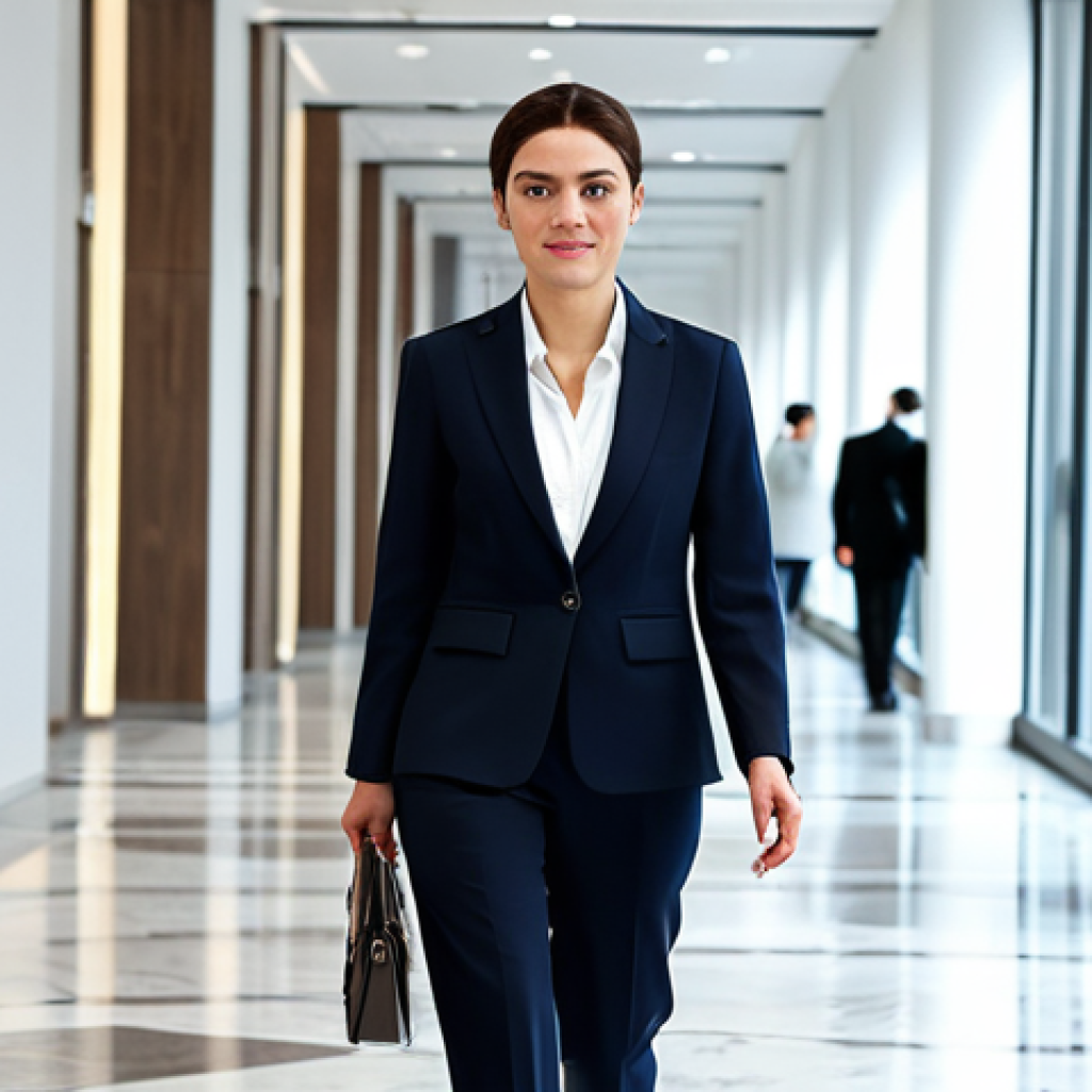 프랑스식 푸아그라 기초 요리 - A professional businesswoman in a tailored, modest business suit, walking confidently through a mode...