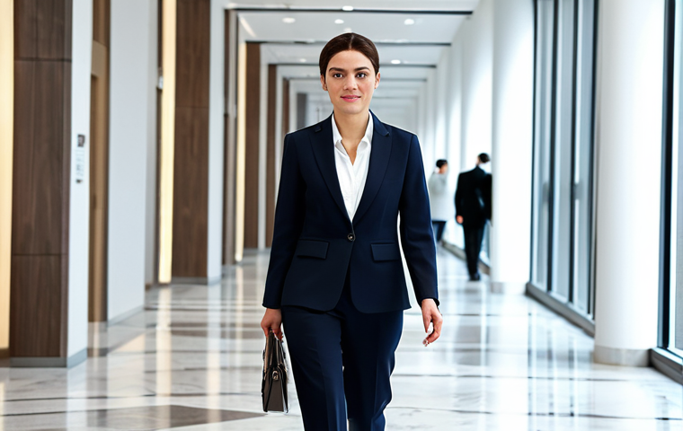 프랑스식 푸아그라 기초 요리 - A professional businesswoman in a tailored, modest business suit, walking confidently through a mode...