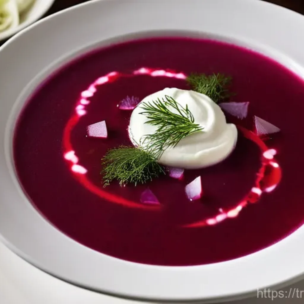 러시아식 보르시트 만드는 법 - **Prompt 1: "A visually rich, top-down shot of a steaming bowl of traditional Borsch soup. The soup ...