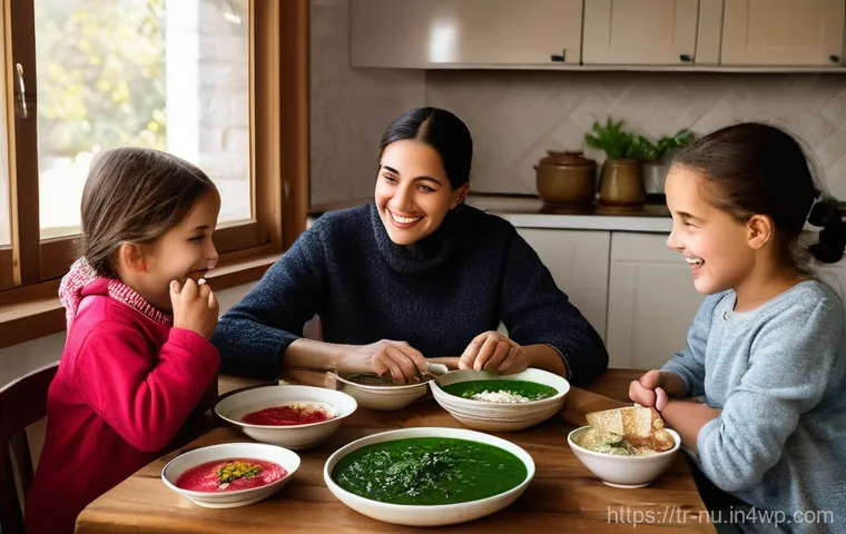 러시아식 보르시트 만드는 법 - **Prompt 1: "A visually rich, top-down shot of a steaming bowl of traditional Borsch soup. The soup ...