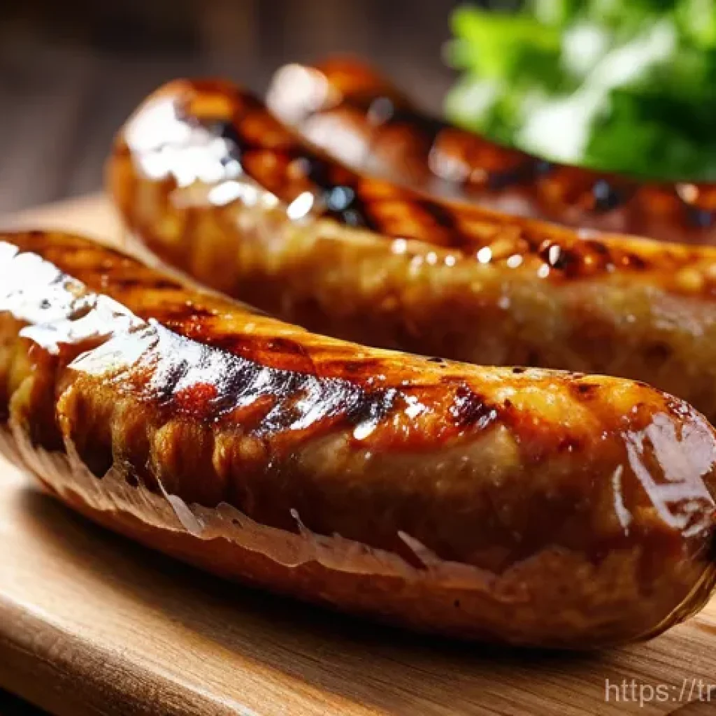 독일식 소시지 요리 방법 - **Prompt:** A close-up, mouth-watering shot of three perfectly grilled Bratwurst sausages resting on...