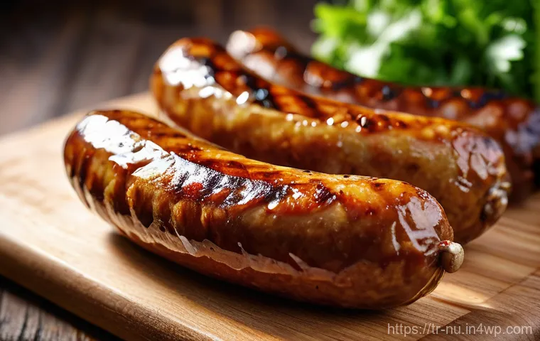 독일식 소시지 요리 방법 - **Prompt:** A close-up, mouth-watering shot of three perfectly grilled Bratwurst sausages resting on...