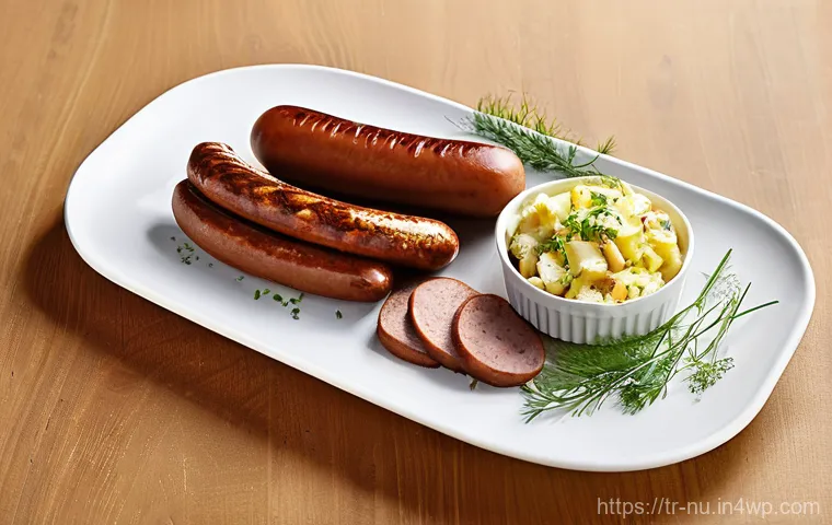 독일식 소시지 요리 방법 - **Prompt:** A close-up, mouth-watering shot of three perfectly grilled Bratwurst sausages resting on...