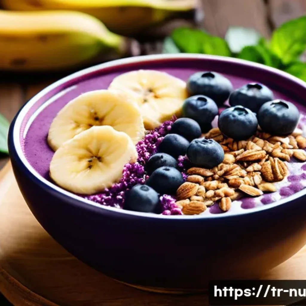 브라질식 과일 스무디 조리법 - A vibrant Brazilian tropical smoothie bowl featuring rich purple açaí puree topped with fresh banana...
