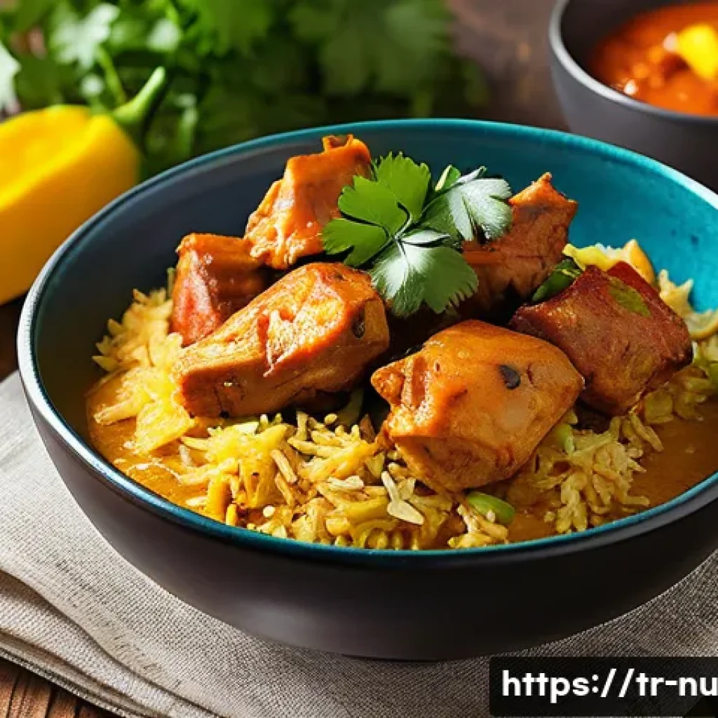 자메이카식 카레 요리하는 법 - A vibrant Jamaican curry dish served on a rustic wooden table, featuring tender chicken thigh pieces...