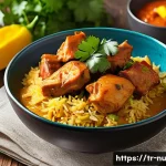 Home 21 자메이카식 카레 요리하는 법 - A vibrant Jamaican curry dish served on a rustic wooden table, featuring tender chicken thigh pieces...