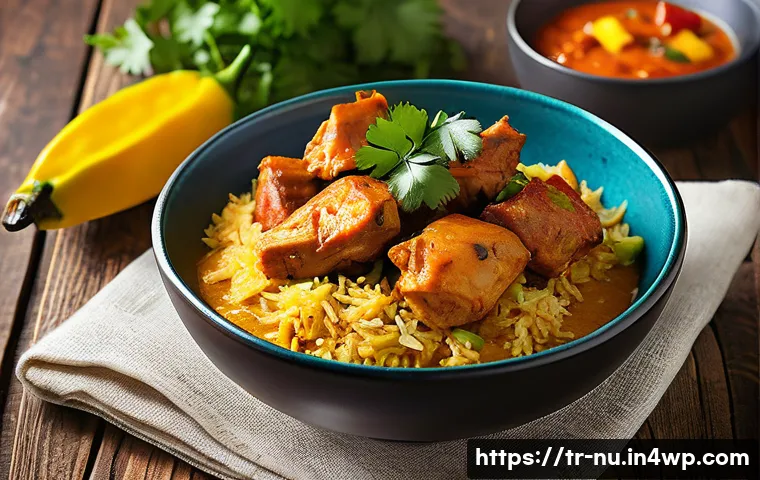 자메이카식 카레 요리하는 법 - A vibrant Jamaican curry dish served on a rustic wooden table, featuring tender chicken thigh pieces...