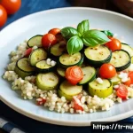 Home 20 재료 별 간단한 홈쿡 레시피 - A vibrant, colorful Turkish summer vegetable dish featuring sautéed zucchini rounds and diced ripe t...