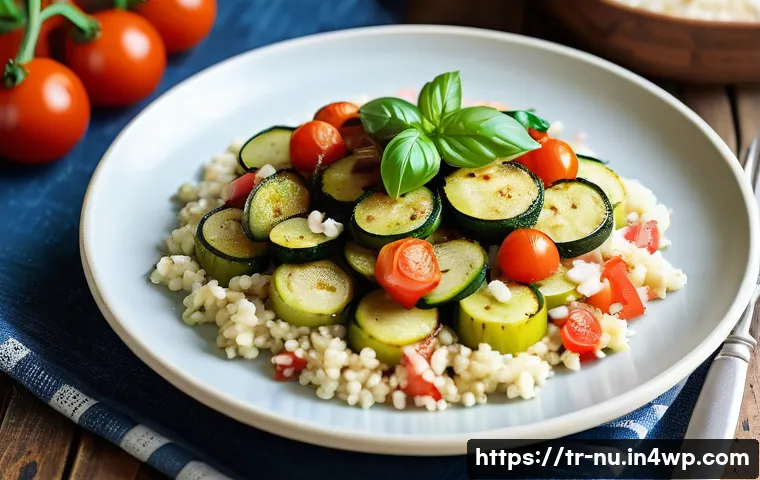 재료 별 간단한 홈쿡 레시피 - A vibrant, colorful Turkish summer vegetable dish featuring sautéed zucchini rounds and diced ripe t...