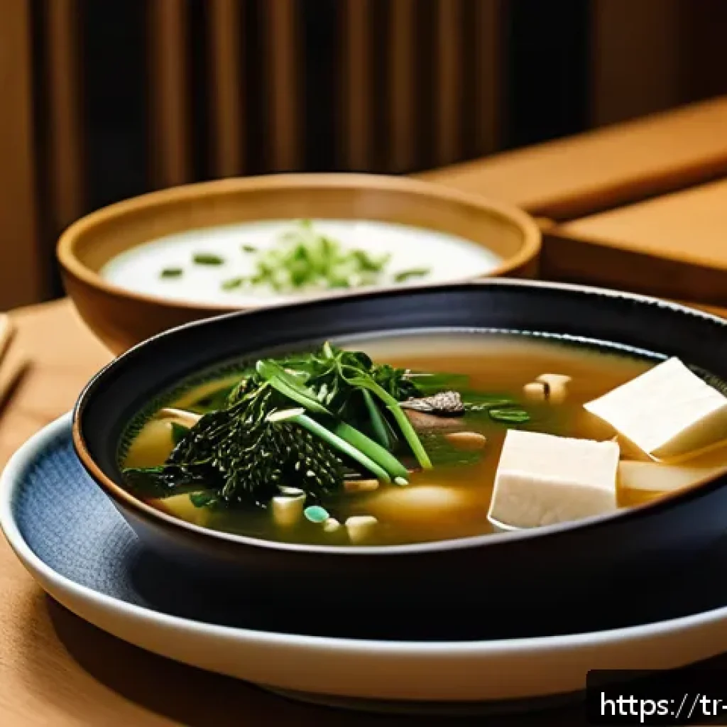 일본식 미소국 기본 레시피 - A cozy, traditional Japanese kitchen scene featuring a steaming bowl of miso soup on a wooden table,...