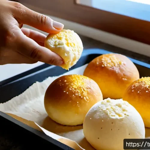 Home 17 브라질식 빵 만들기 - Photorealistic close-up of hands preparing Brazilian pão de queijo in a bright modern Istanbul home ...